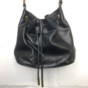 Elliott Lucca Black Leather Crossbody Drawstring Bucket Bag